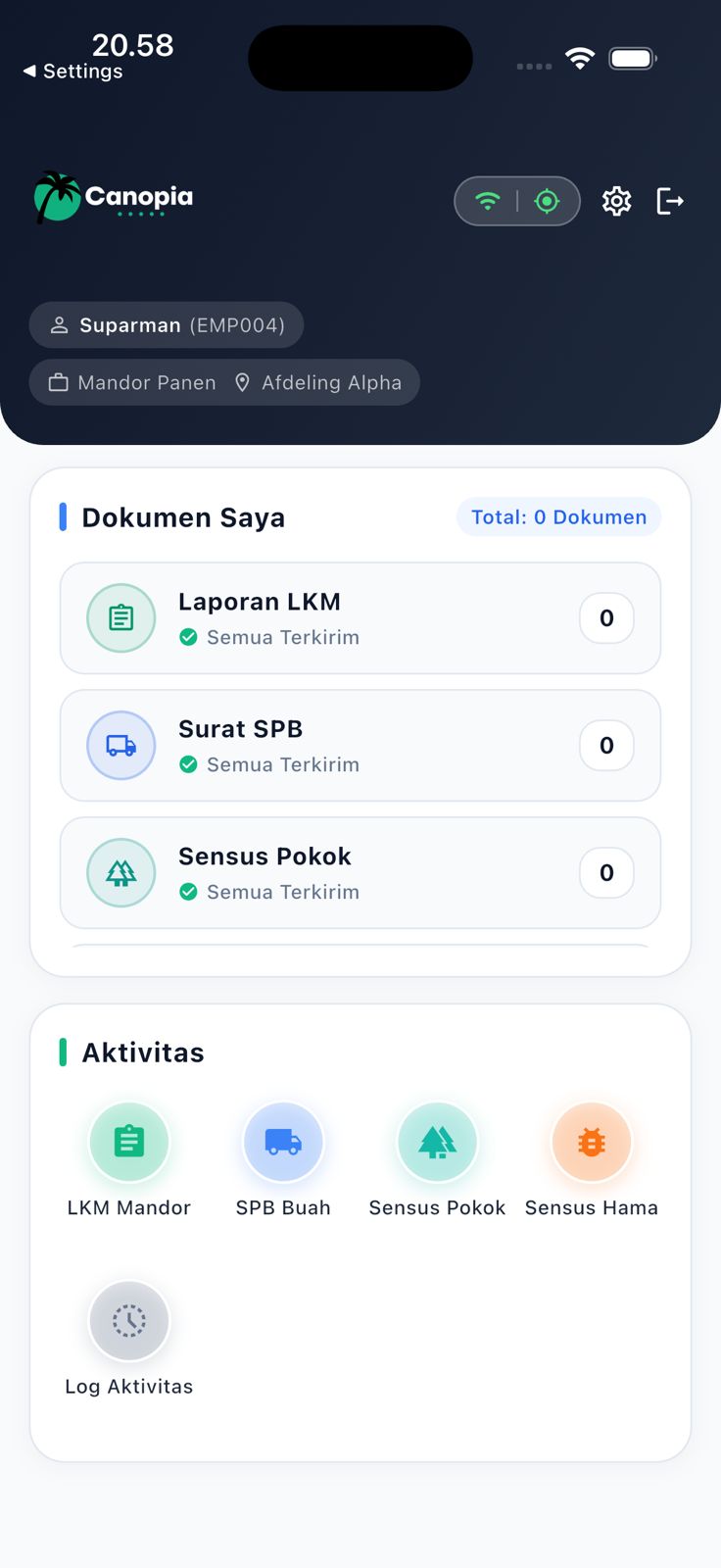 Beranda Canopia Mobile — ringkasan dokumen dan modul lapangan