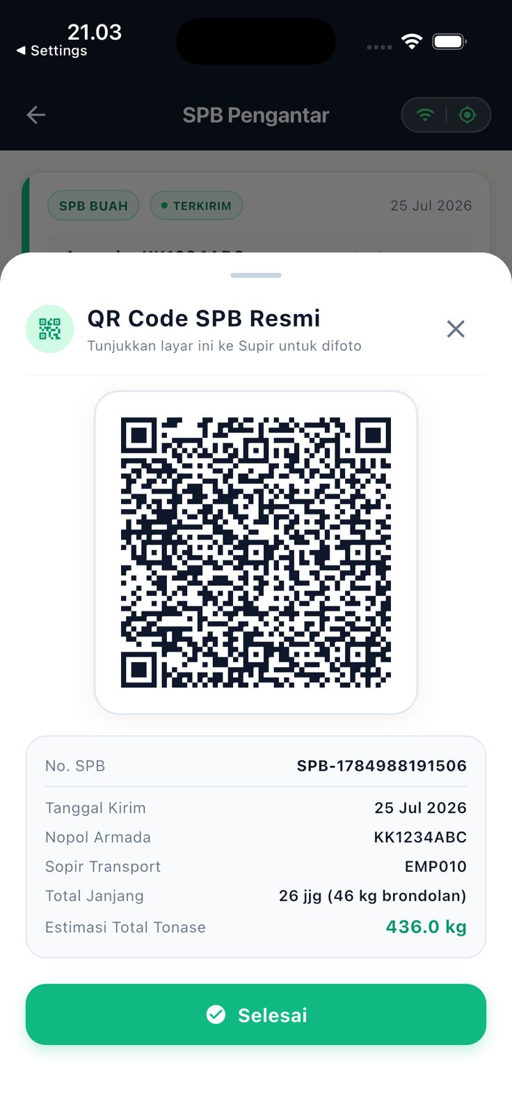 QR Code SPB resmi bertanda tangan digital untuk supir