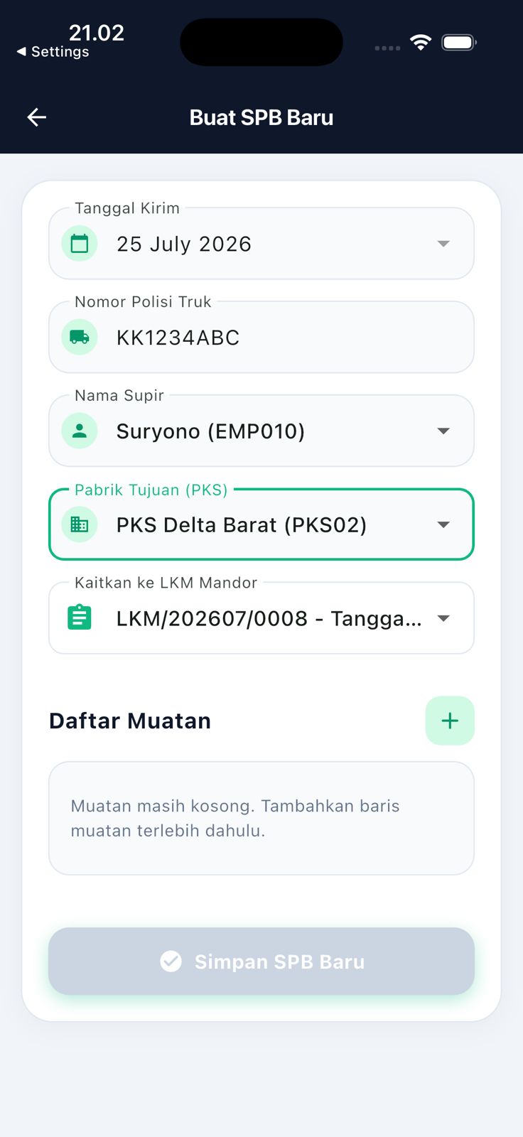 Form pembuatan Surat Pengantar Buah (SPB) baru