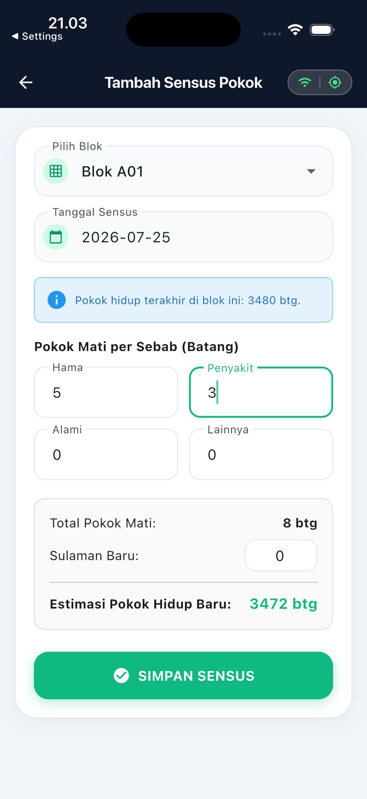 Form sensus pokok mati per sebab dengan estimasi pokok hidup