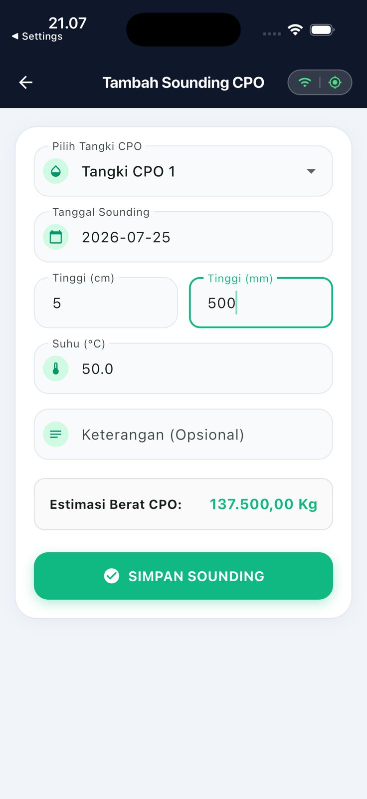 Form sounding CPO dengan estimasi berat otomatis